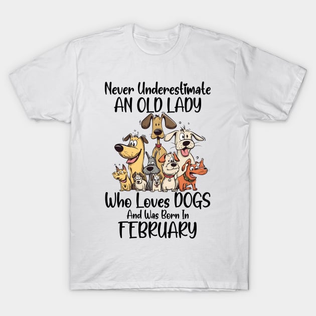 Never Underestimate An Old Lady Who Loves Dogs And Was Born In February T-Shirt by D'porter